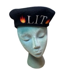 90s y2k black flame embroidered "lit" beret graphic hat
